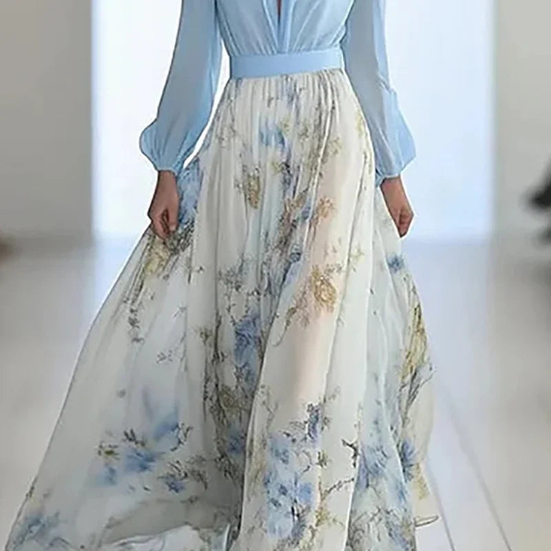 Rochie de vară elegantă cu mânecă lungă și imprimeu floral, casual, cu imprimeu floral, talie înaltă, stil streetwear