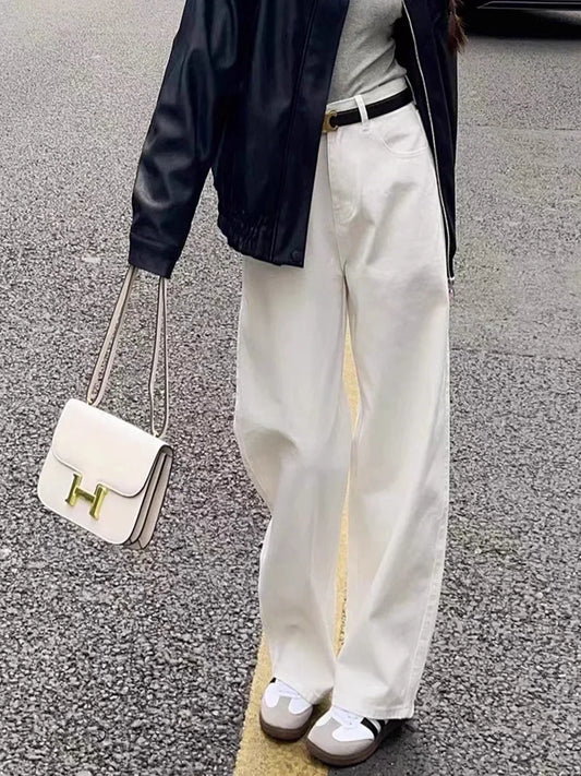 ZOENOVA 2024 New Straight Jeans Women White Plus size High Waist Loose Wide Leg Pants Spring Baggy Korean Fashion Pants
