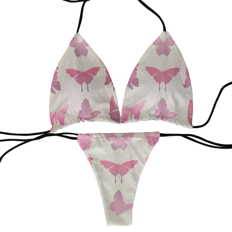 Funny colorful butterfly pattern bikini set swimsuit beach surfing vacation ladies deep V butterfly print bikini fashion gift