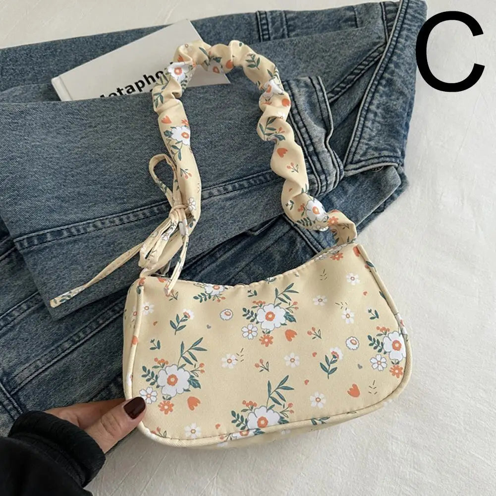 Women's Small Corduroy Handbag - Cute Pleated Shoulder Bag with Half-Moon Flower Print