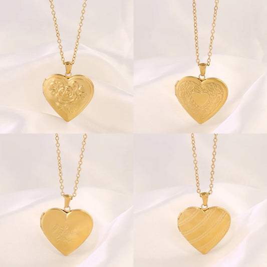 Stainless Steel Open Heart Photo Frame Pendant Necklace for Family Couple Gift Heart Photo Picture Locket Chain Necklace Jewelry