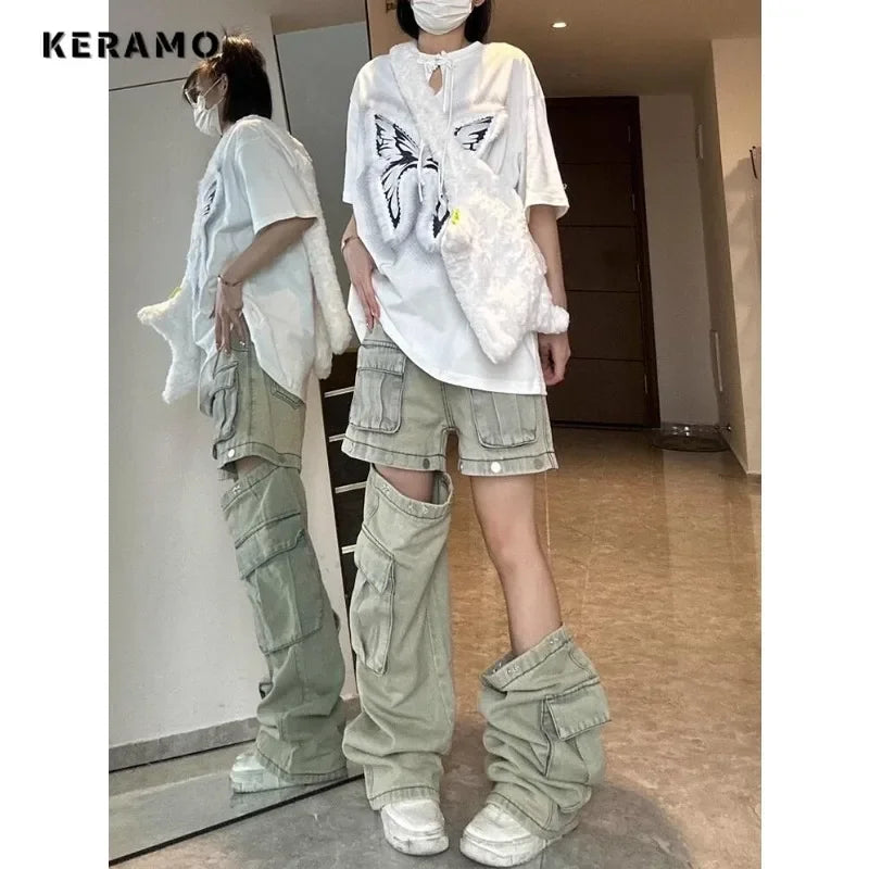 Harajuku Vintage High Waist Loose Jeans Pockets Patchwork Sexy Pants Women's Y2K Wide Leg Baggy High Street Style Denim Trouser