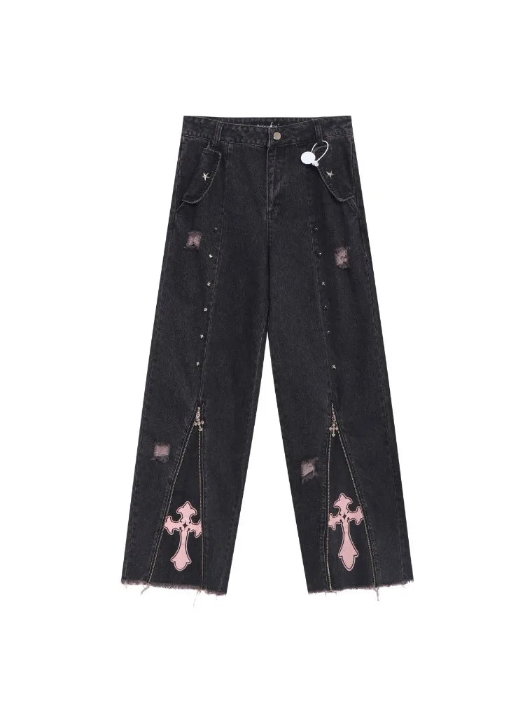 Women's Baggy Pants Punk Y2K Denim Jeans High Street Patchwork Vintage Design Rocker Straight High Waist Printed Patch Raw Edges
