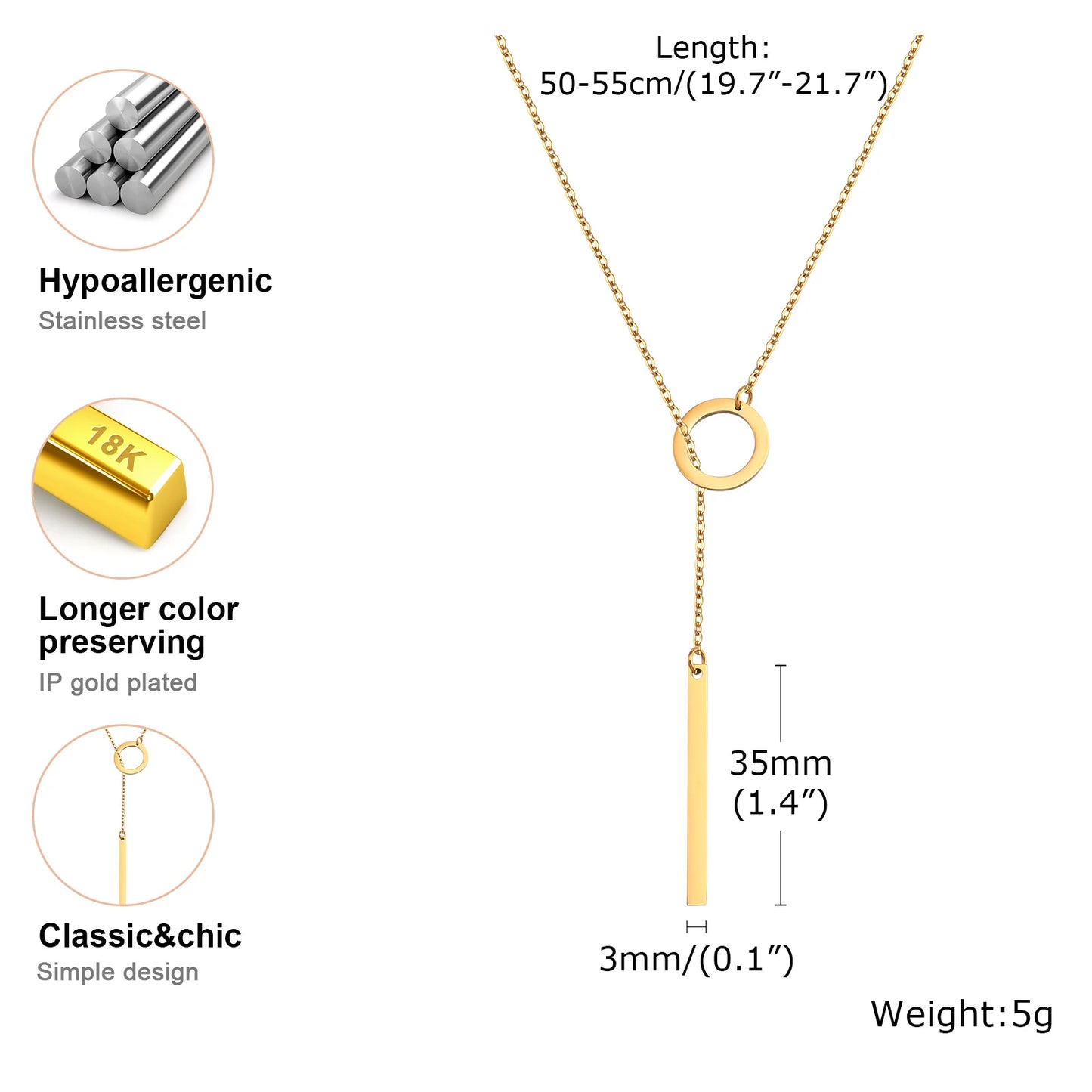Lariat Necklace for Women, Stainless Steel Drop Necklace with Long Chain, Party Wedding Jewelry