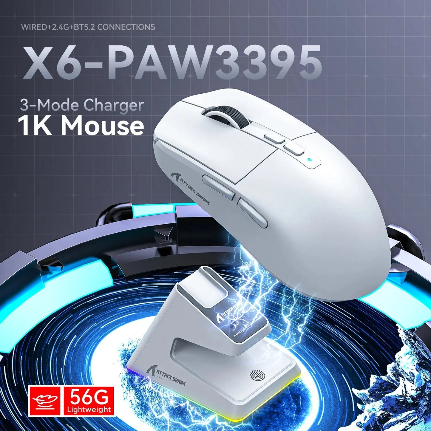Șoarece de gaming wireless X6 ușor cu 3 moduri de încărcare cu fir 2.4G BT5.2 până la 26K DPI RGB Backlight pentru laptop desktop