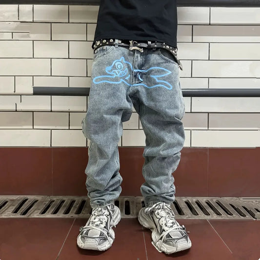 2024 Cyber Y2K Fashion Flying Dog Printed Baggy New Jeans Pants For Men Designer Clothes Luxury Kanye Straight Cowboy Trousers