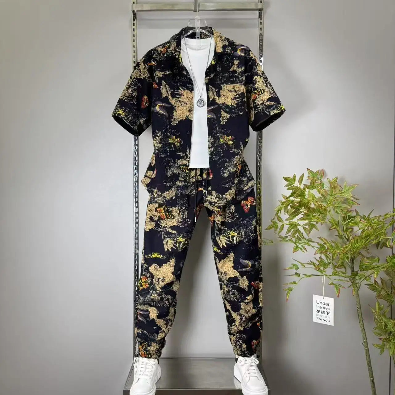 (Shirt + trousers) Summer short sleeve Mens Sets shirt print pattern men's casual elastic waist shirts men Two-piece Suit