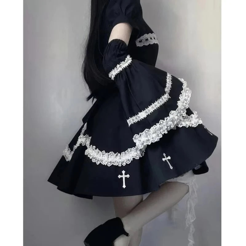 Y2K Black Mini Dress Women Harajuku Gothic Cross Ruffles Dresses Japanese Kawaii Lolita Lace Puff Short Sleeve Bodycon Vestidos
