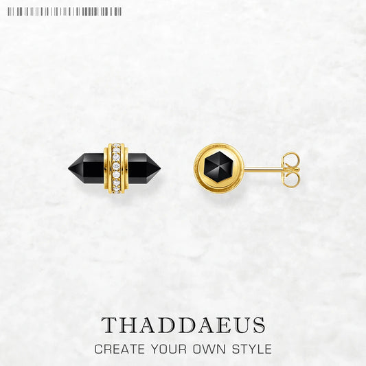 Gold Plated Ear Studs Hexagonal Onyx Europe Vintage Fine Jewerly For Women Gift In Pure 925 Sterling Silver