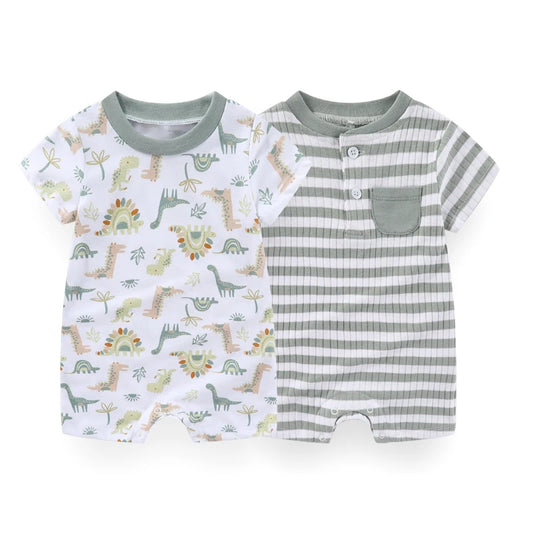 2 Pcs Cartoon Dinosaur Baby Boy Flat-angle Jumpsuits Short Sleeves Newborn Rompers 0-9M Infant Clothes