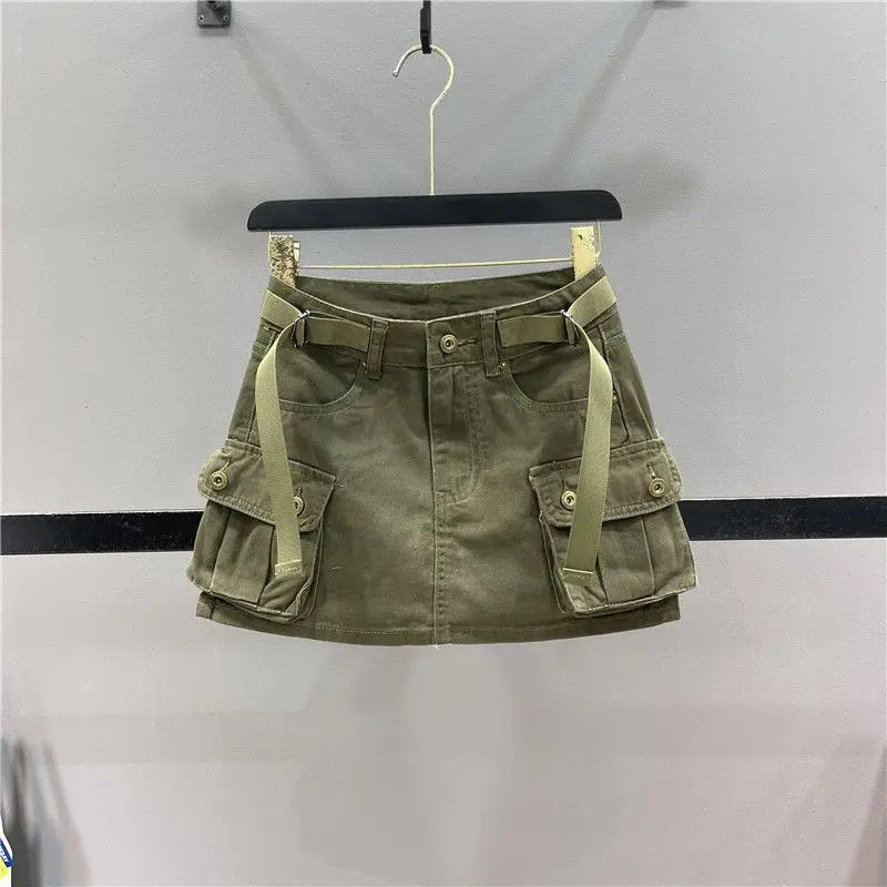 Zipper Fly Denim SKirts with Button Women's Denim Cargo Skirts with Pockets Sexy Mini A-line Jean Skirts Female Streetwear