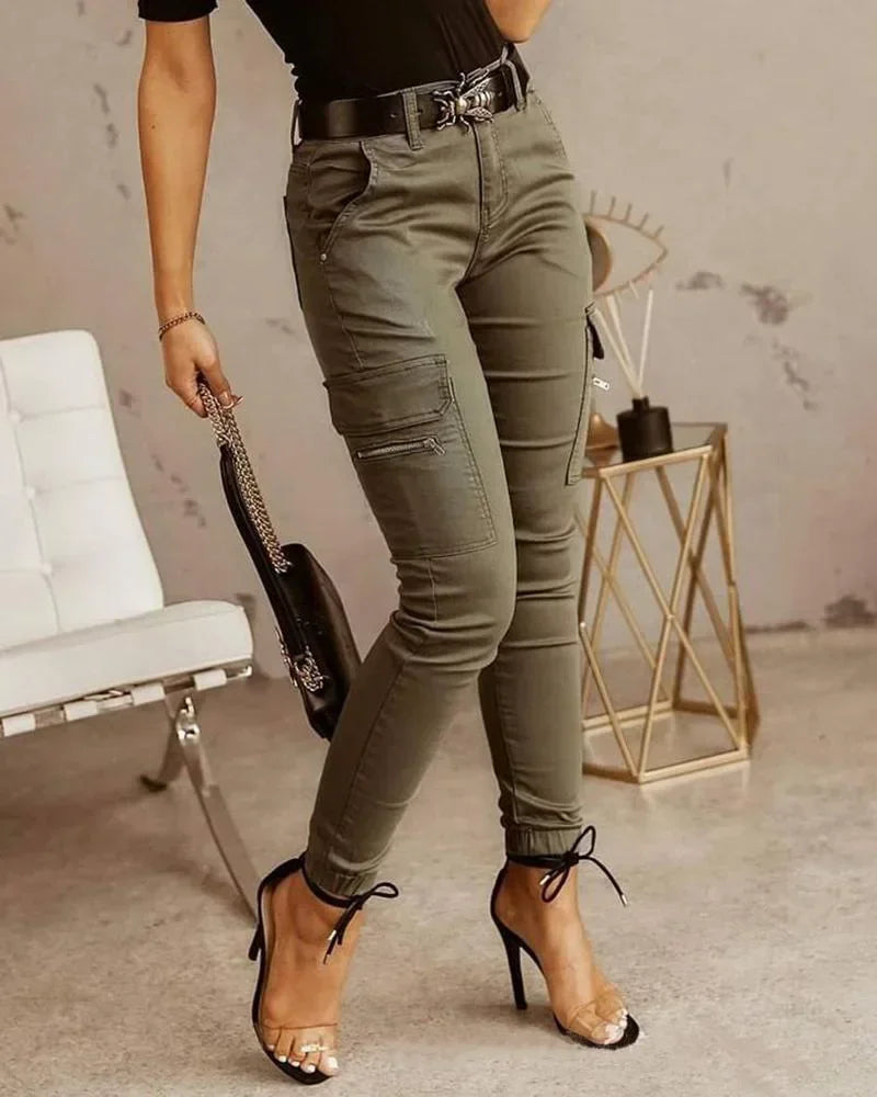 Pockets Small Feet Slim Fit Trousers Women Streetwear Cargo Pants Women Low Waist Button Solid Color