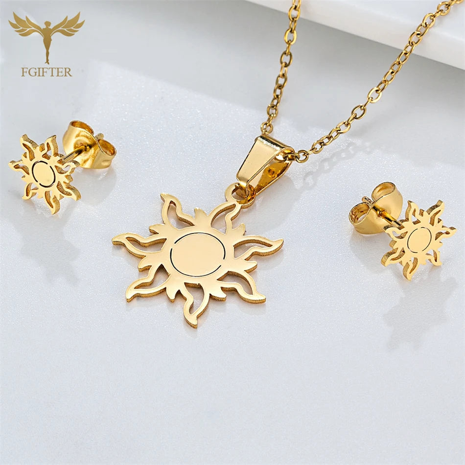 Fashion Sun flower Stud Earrings Pendant Chain Necklace For Women Golden Stainless Steel Jewelry Set Ear Neck Accessories Gifts