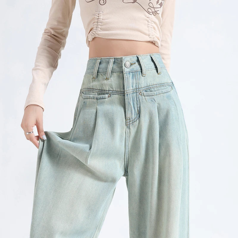 OUSSYU Woman Jeans High Waist Wide Leg Cotton Denim Clothing Loose Straight Pant Fashion Comfort Retro Blue Casual Trousers