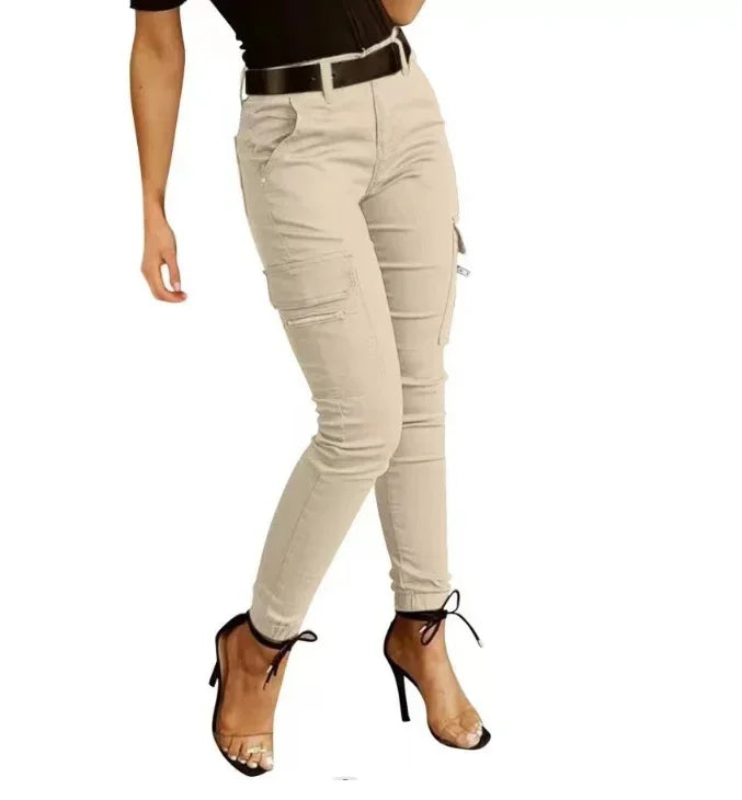 Pockets Small Feet Slim Fit Trousers Women Streetwear Cargo Pants Women Low Waist Button Solid Color