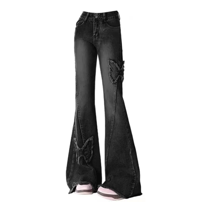 Y2k Butterfly Embroidery Blue Flare Jeans women Low Waist Vintage 90s Aesthetic Denim Trousers Harajuku 2000s Trashy Pants
