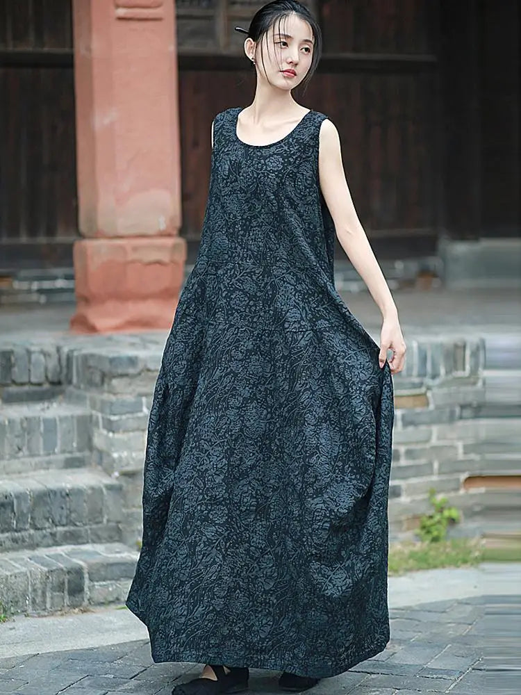 100% Cotton Women Casual Holiday Dress New Arrival 2025 Summer Vintage Style O-neck Print Loose Ladies A-line Long Dresses M919