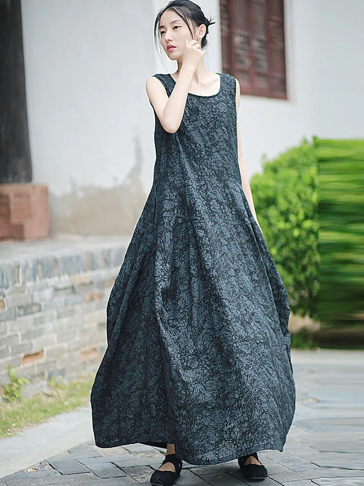 100% Cotton Women Casual Holiday Dress New Arrival 2025 Summer Vintage Style O-neck Print Loose Ladies A-line Long Dresses M919