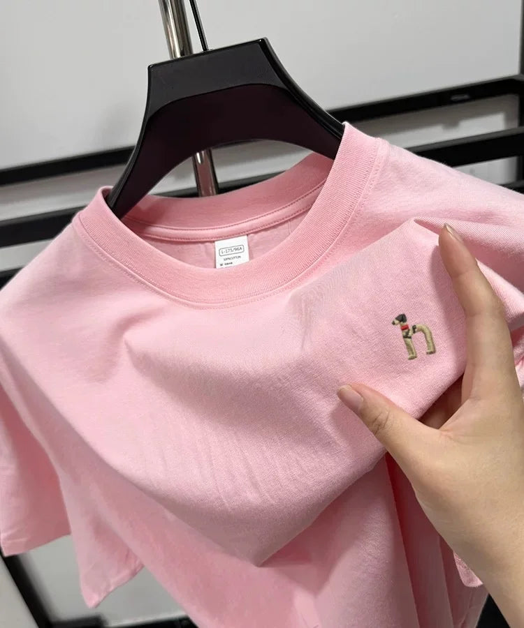 100% pure cotton new high-end brand men's round neck short sleeved T-shirt summer fashion dog embroidery Korean loose design top