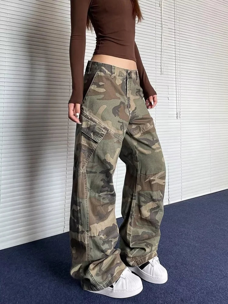 2024 Cyber Y2K Streetwear Washed Camouflage Pleated Baggy Jeans Cargo Pants For Women Clothes Underwear Lady Casual Trousers