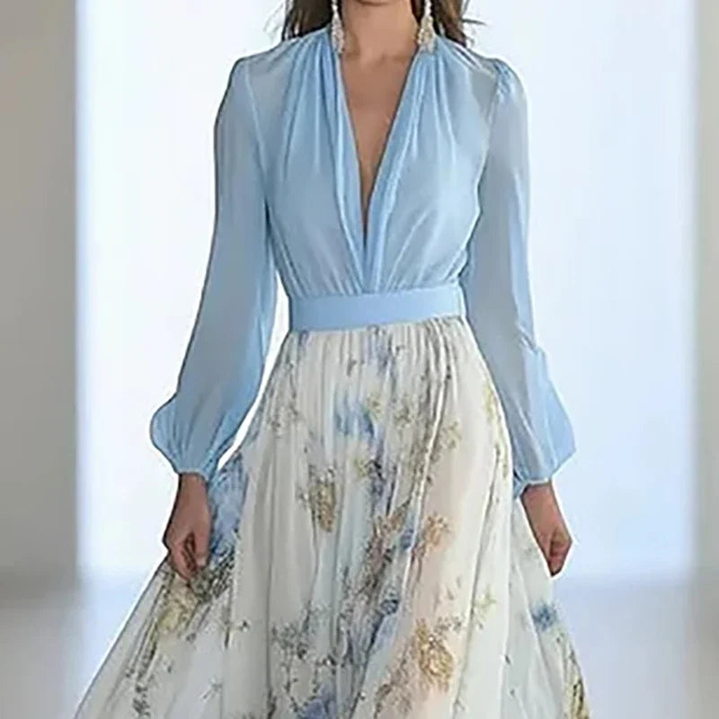 Rochie de vară elegantă cu mânecă lungă și imprimeu floral, casual, cu imprimeu floral, talie înaltă, stil streetwear