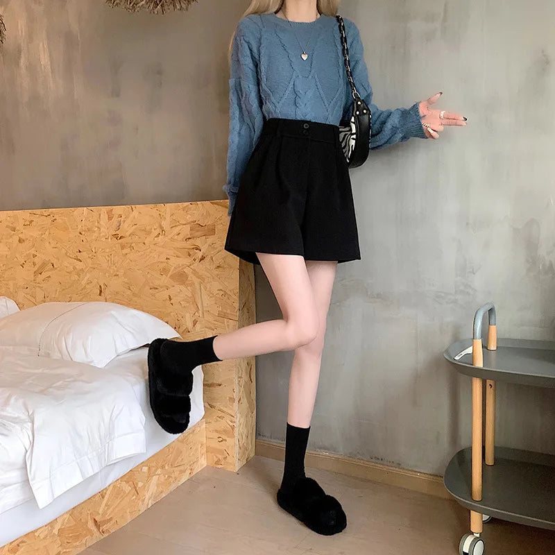 Woolen Boot Pants Wide-leg Pants  Women with High Waist Slim Solid Color Shorts Casual and Versatile Fashion