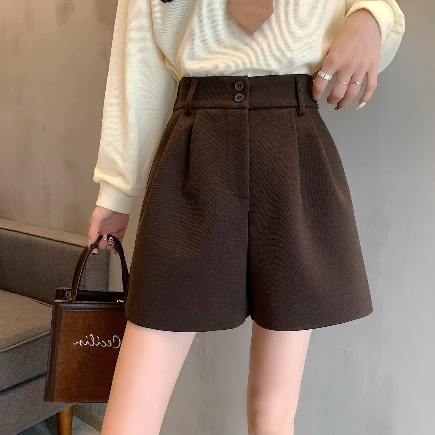 Woolen Boot Pants Wide-leg Pants  Women with High Waist Slim Solid Color Shorts Casual and Versatile Fashion