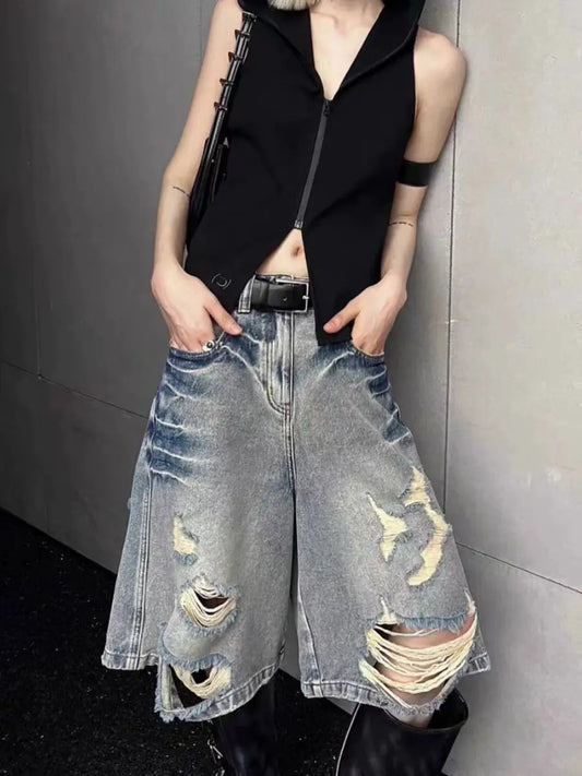 Hot Girl Retro Washing Ripped Denim Shorts for Women High Waist Loose Personality Wide-leg Five-point Medium Pants