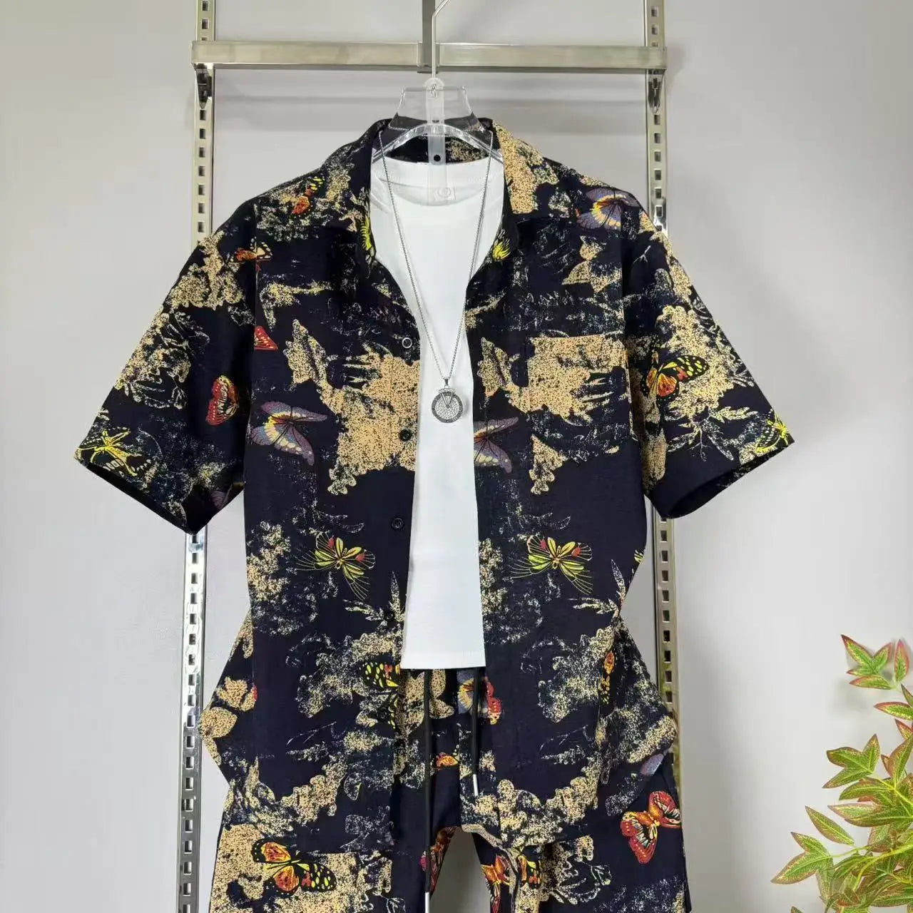 (Shirt + trousers) Summer short sleeve Mens Sets shirt print pattern men's casual elastic waist shirts men Two-piece Suit