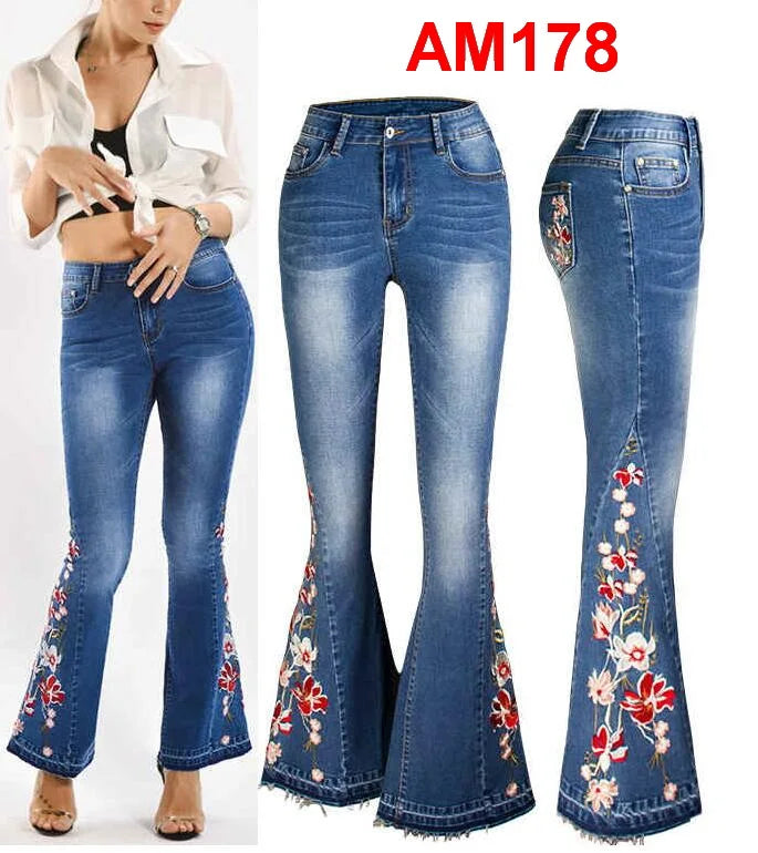Women's Jeans Embroidered Flower Flared Denim Pants Multiple Styles Flared Jeans For Choose