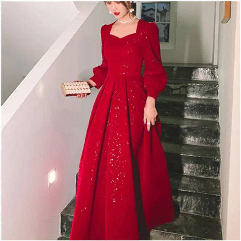 Red Elegant Fish Tail Dress 2025 Performance Host Bridesmaid Group Graduation Ceremony Ball Gown for Sisters