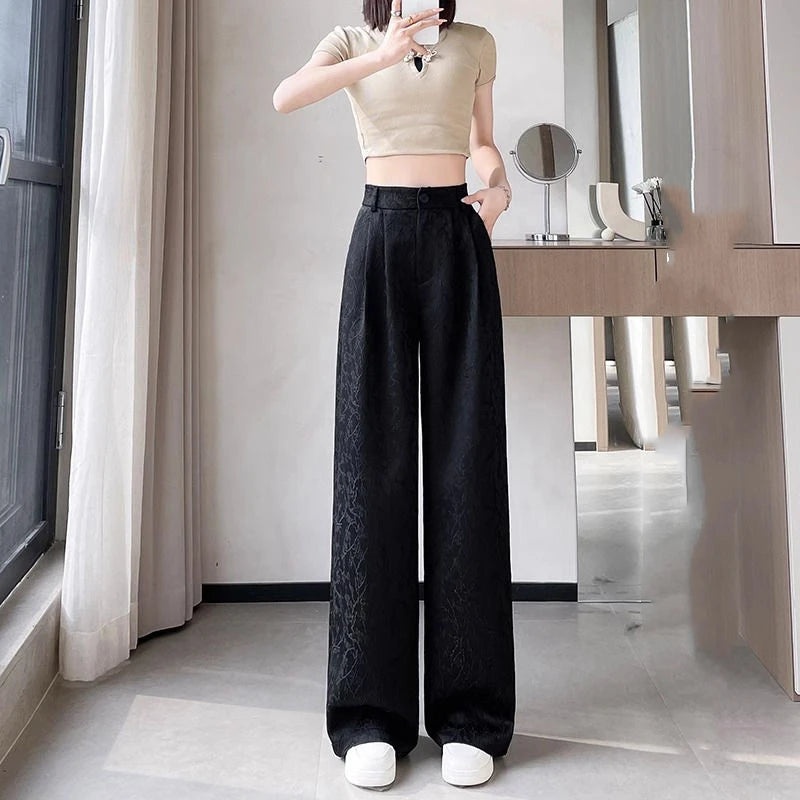 New Chinese Style White Satin Suit Wide-leg Pants  Women's Season Thin Narrow Version Straight Wide-leg Pants