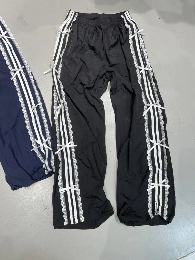 College Fashion Trousers Elastic Waist Lace White Strip Butterfly Foot Sweatpants Sports Pants Women Sweet Girls Loose Casual