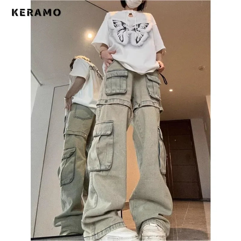 Harajuku Vintage High Waist Loose Jeans Pockets Patchwork Sexy Pants Women's Y2K Wide Leg Baggy High Street Style Denim Trouser