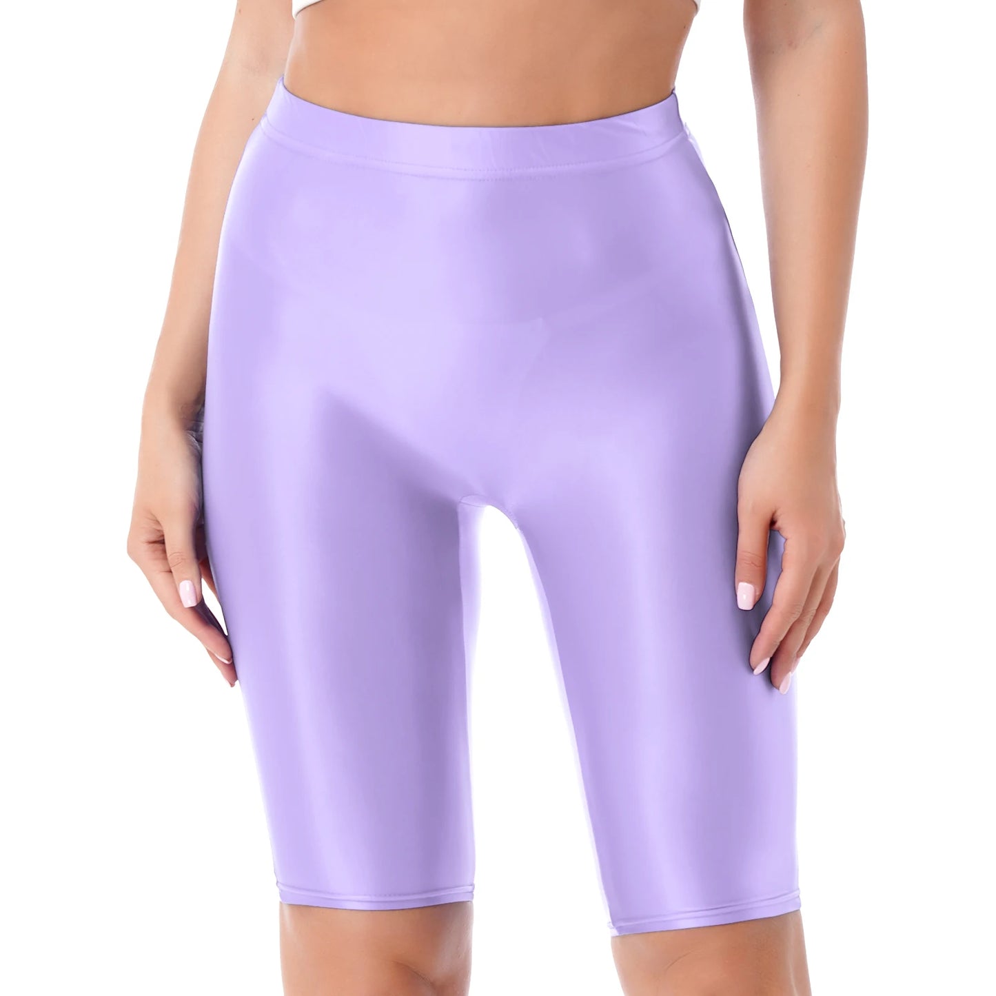 Womens Gymnastics Swim Shorts Glossy High Waist Shorts Elastic Waistband Short Leggings Swimwear Workout Sports Bottoms