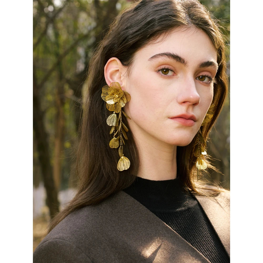 Yhpup Stainless Steel Big Flower Tassel Drop Dangle Exaggerated Earrings Metal Fashion Eye-Catching Party Jewelry Hypoallergenic