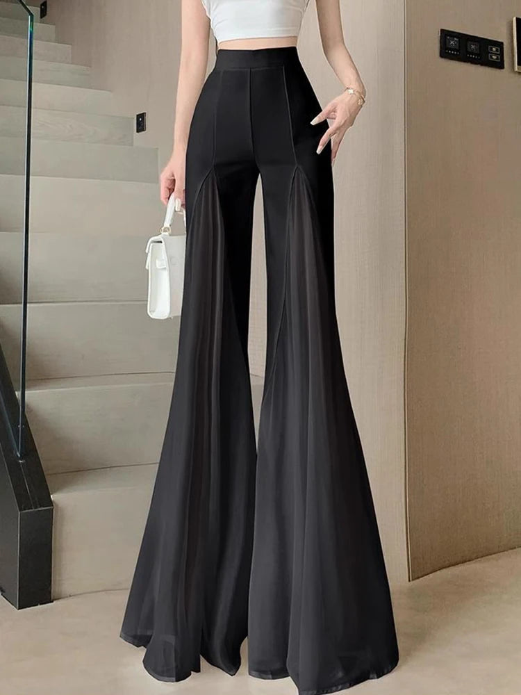 Zoki Chic Mesh Patchwork Flare Pant Women Casual Fashion Loose High Waist White Trousers Elegant Design Lady Summer Sweet Pants