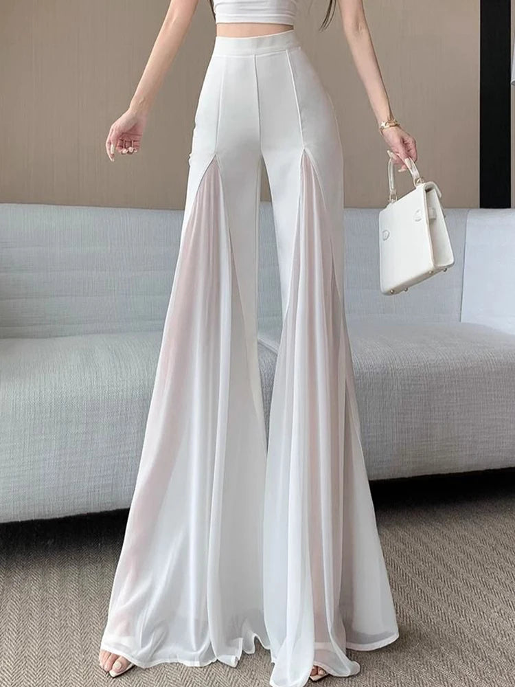 Zoki Chic Mesh Patchwork Flare Pant Women Casual Fashion Loose High Waist White Trousers Elegant Design Lady Summer Sweet Pants