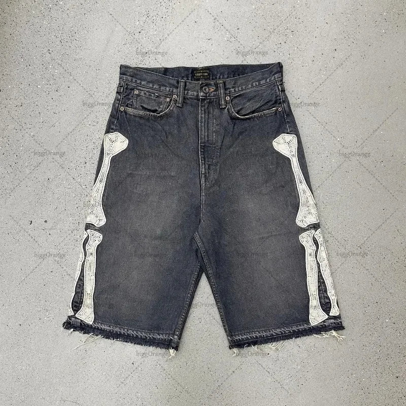 Y2k High Street Hip Hop Rock Fashion Shorts Men Skull Embroidered Oversized Denim Shorts High Waist Loose Casual Pants Women