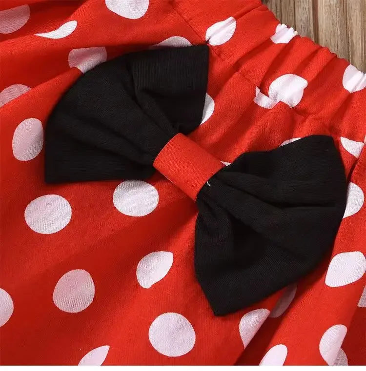 2-Piece Summer New Girls' Suspenders Bow-tie Polka Dot Dress Small Flying Sleeve Polka Dot Pure Black Blouse + Suspenders Skirt