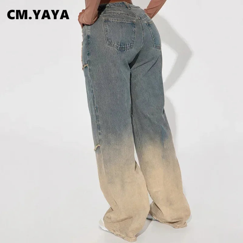 CM.YAYA Women Streetwear Cargo Straight Washed Denim Wide Leg Jeans Pants 2024 Fall Casual gradient Fashion Holiday Trousers