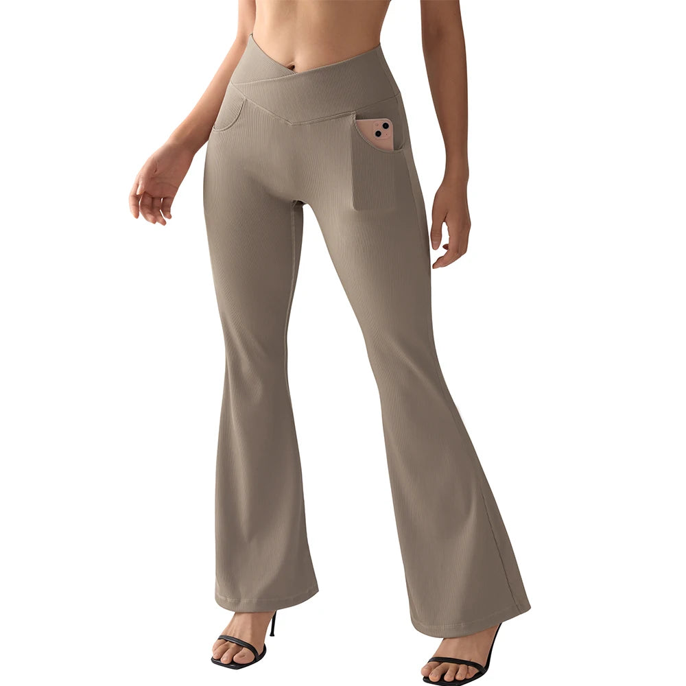 Women's Flared Pants with Pockets Flared Leg Yoga Pants Fitness Casual Tummy Control V Waist  Long Pants Yoga Leggings Women