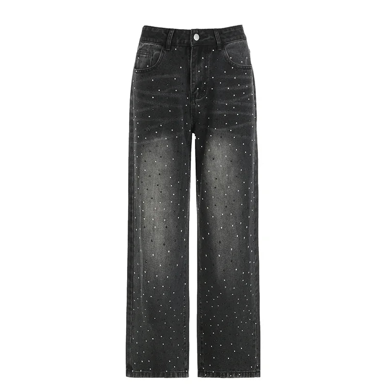 Streetwear Rhinestone Jeans Women High Waist Fashion Loose Straight Wide Leg Denim Trousers Chic Grunge Harajuku Cargo Pants