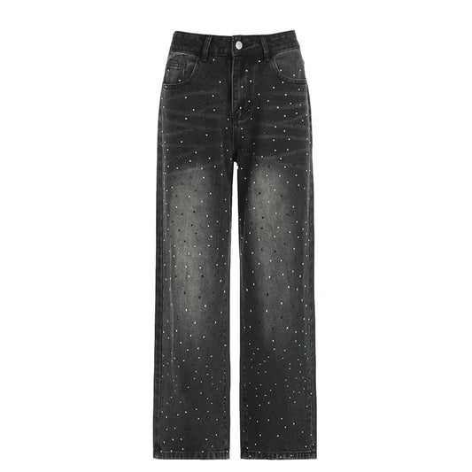 Streetwear Rhinestone Jeans Women High Waist Fashion Loose Straight Wide Leg Denim Trousers Chic Grunge Harajuku Cargo Pants