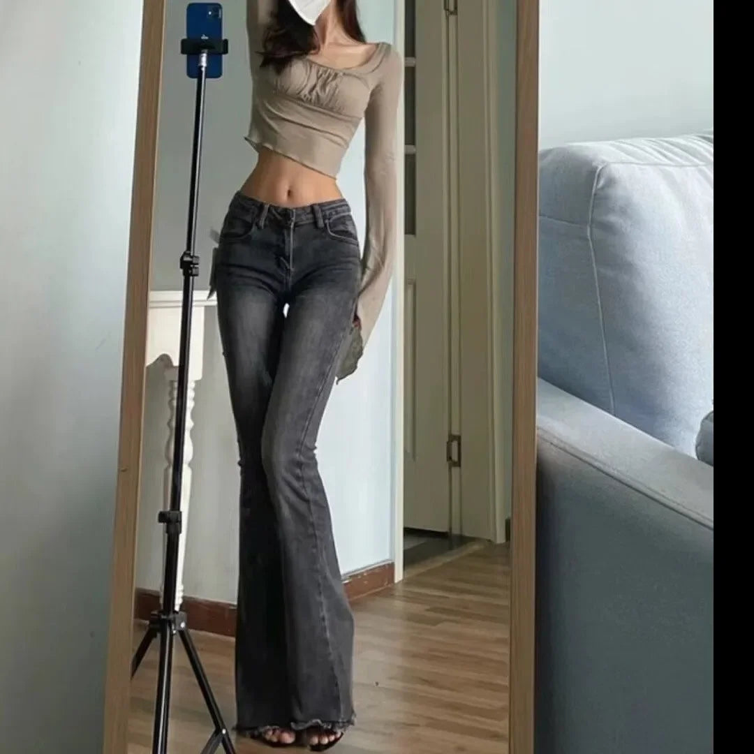 American Style Slimming Jeans Women's Spring Autumn Vintage Micro Flared Trousers Low Waist Elastic Body Shaping Waistband