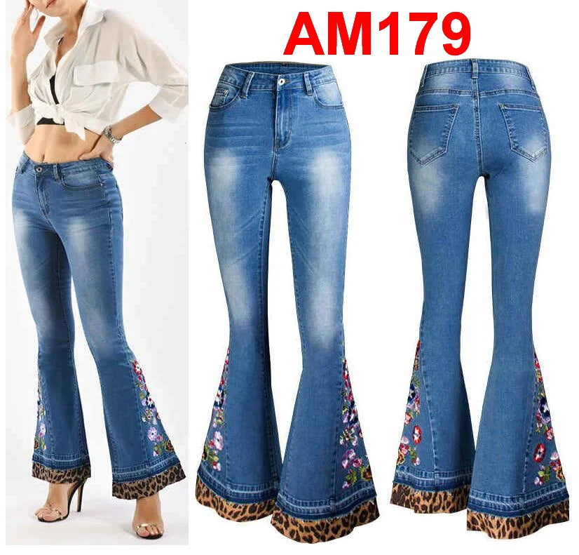 Women's Jeans Embroidered Flower Flared Denim Pants Multiple Styles Flared Jeans For Choose