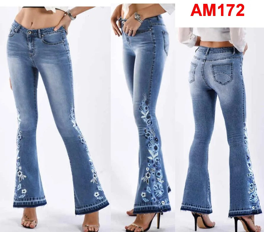 Women's Jeans Embroidered Flower Flared Denim Pants Multiple Styles Flared Jeans For Choose