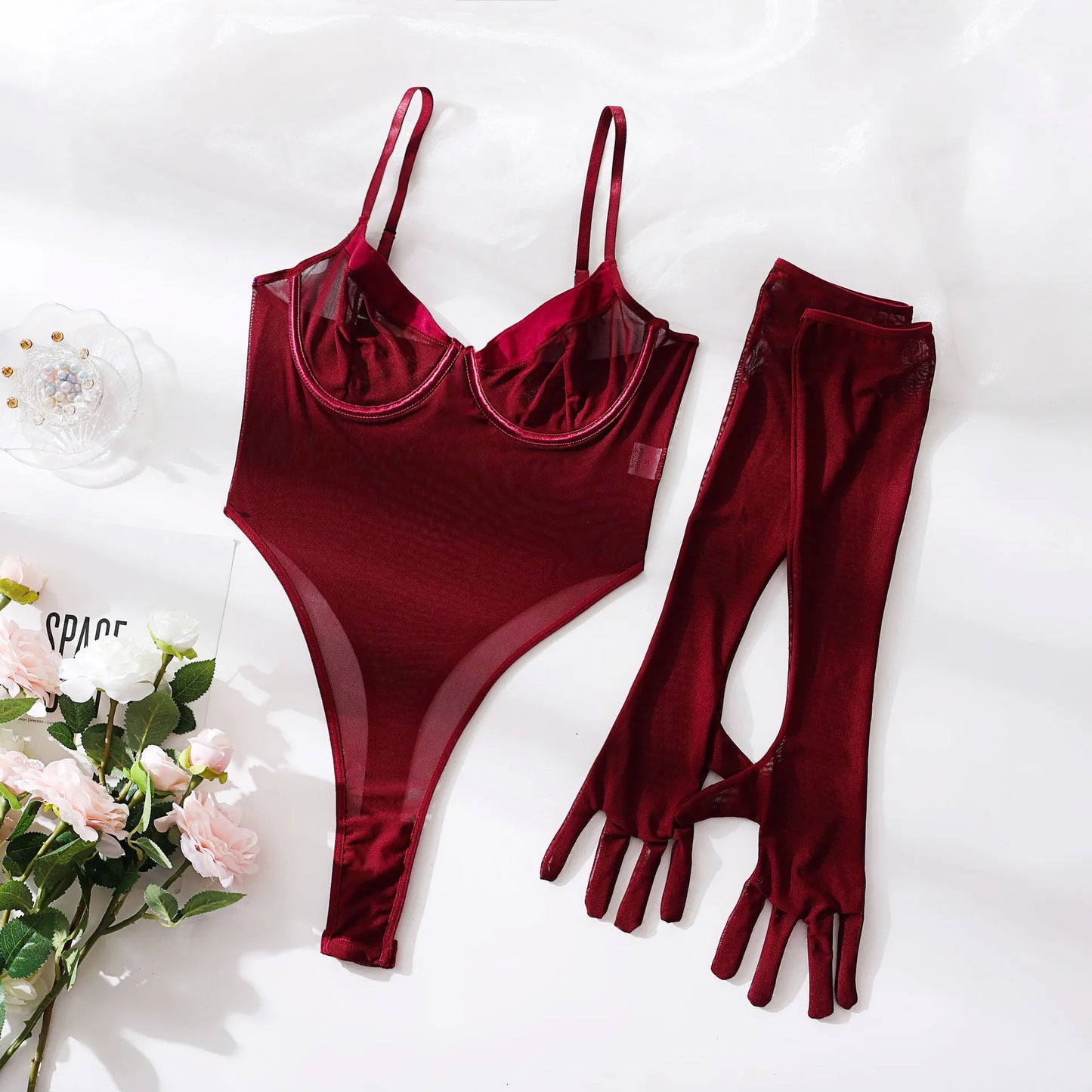 Yimunancy Mesh Patchwork Bodysuit Women Backless Black Gloves Sexy Erotic High Cut Skinny Sexy Bodysuit Club Body Femme