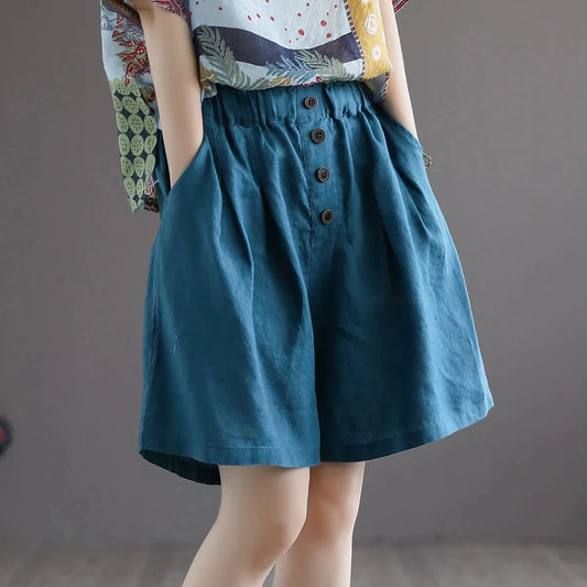 Single Breasted Buttons Cotton Casual Elastic High Waist Loose Women's Shorts Korean Fashion Shorts For Women 2024 Spring Summer