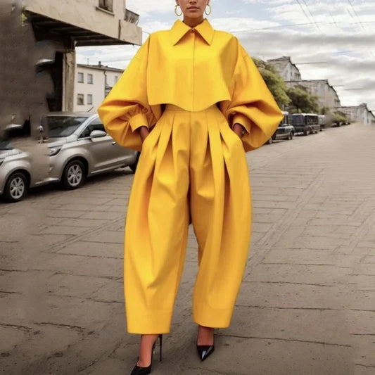 Beautyblue Elegant Women's Coats&Pants Yellow Pant Sets New Casual Buttoned Pleated Lapel Blazer Blouses Pockets Trousers Female
